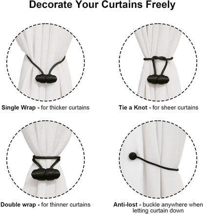 Black Magnetic Curtain Tiebacks - 4pcs Decorative Curtain Tie Backs, No Drill Closure Drapery Tiebacks V1258-DP02-B-917
