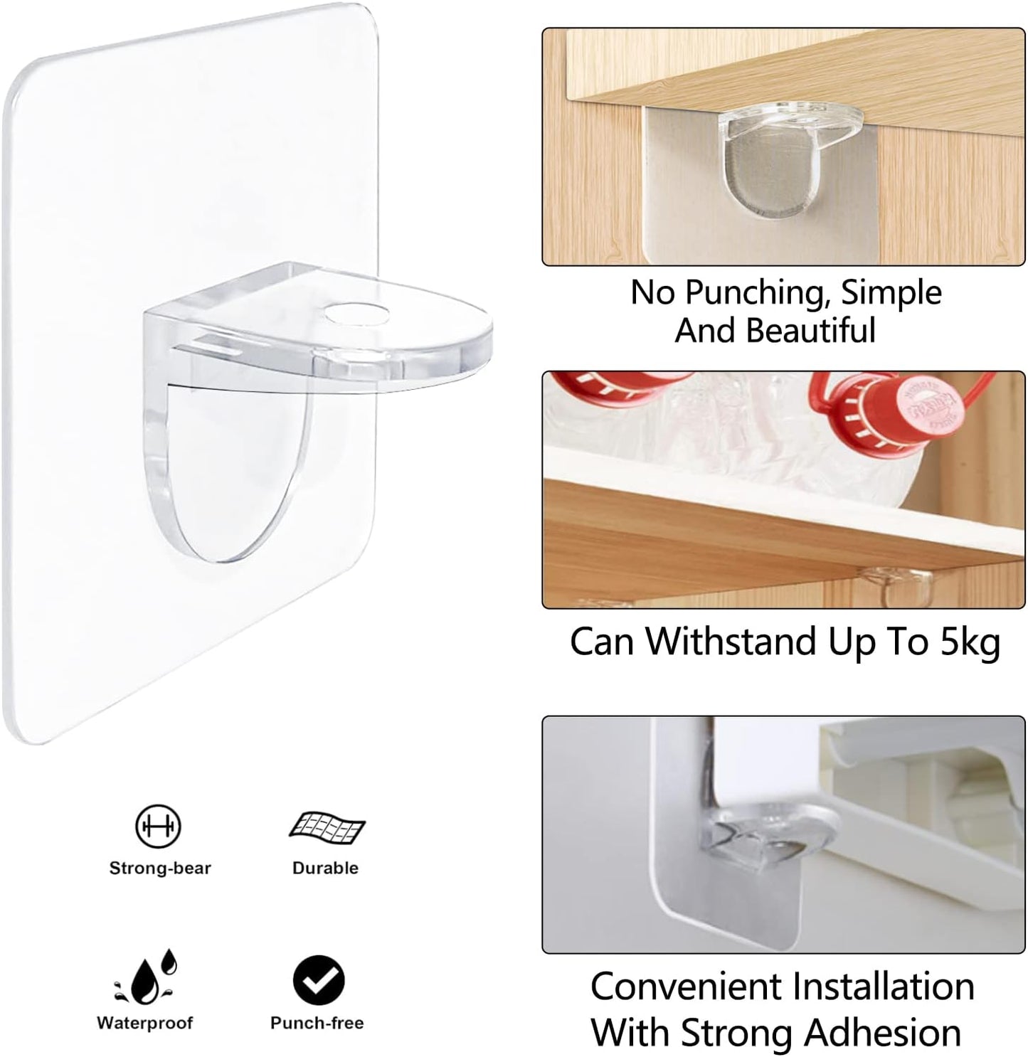 Adhesive Shelf Bracket 2.8" Punch Free Shelf Support Pegs Nail-Free Shelf Support Peg for Shelves, Kitchen V1258-DP02-B-926