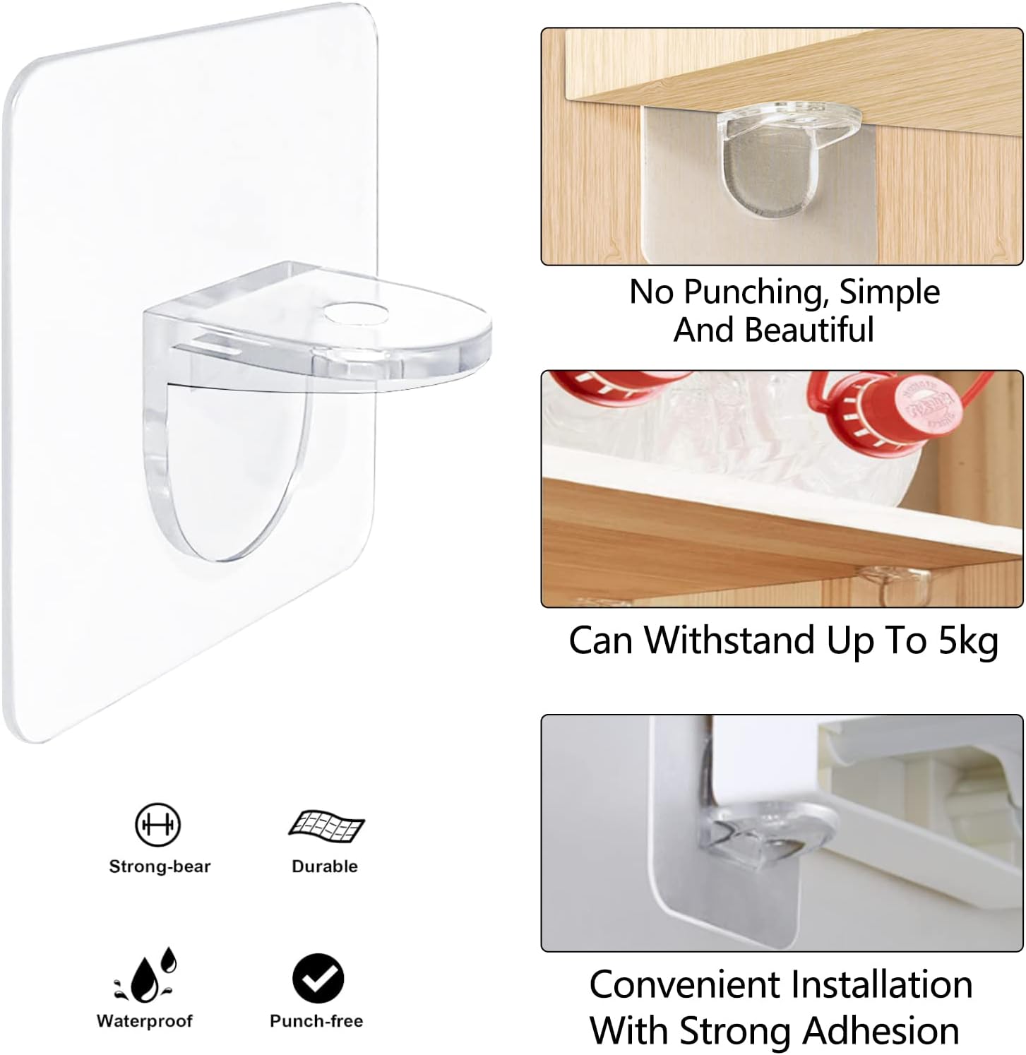 Adhesive Shelf Bracket 2.8" Punch Free Shelf Support Pegs Nail-Free Shelf Support Peg for Shelves, Kitchen V1258-DP02-B-926