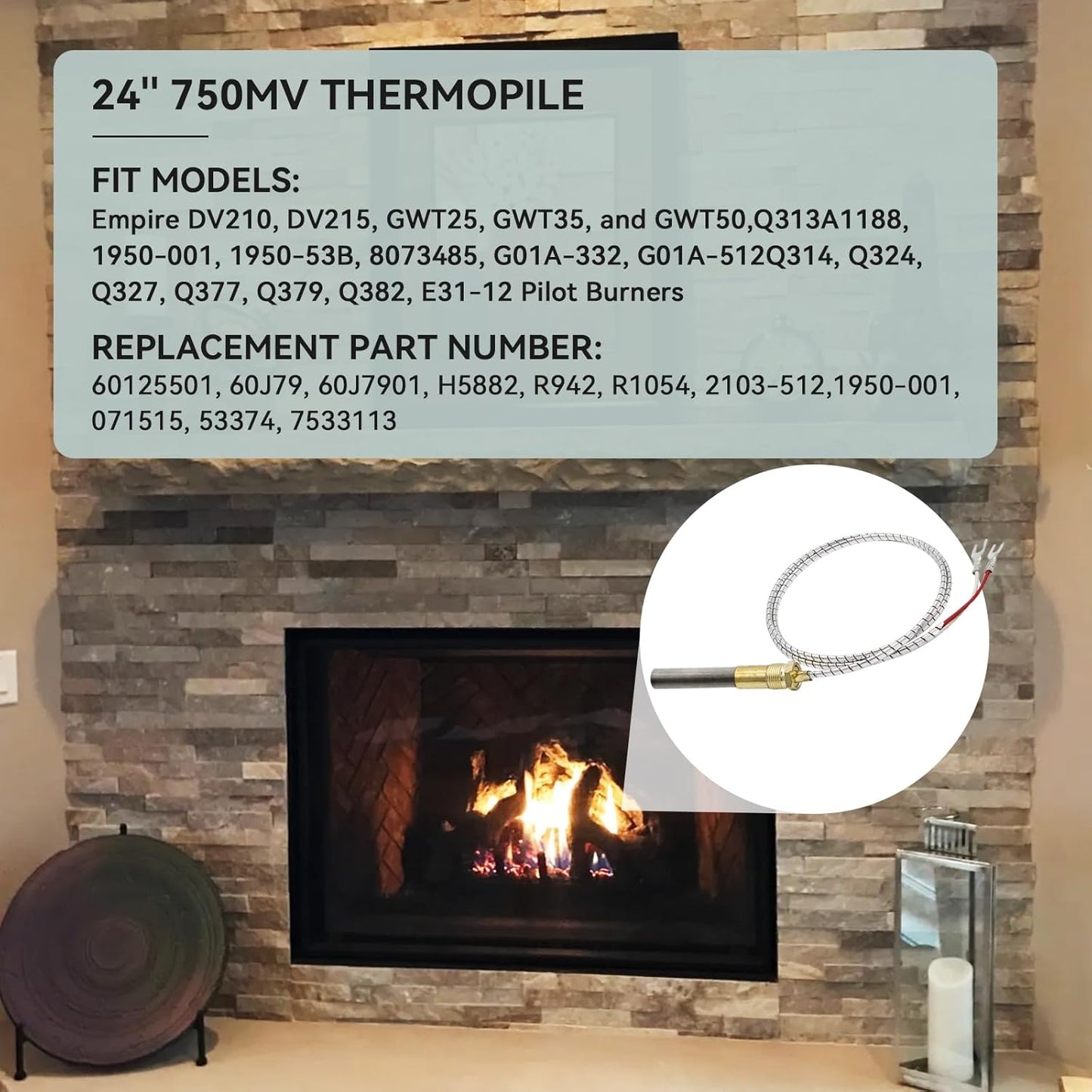 750mv Thermopile for Gas Fireplace, 24" Thermopile Generators Q313A Fit for Stove Gas Ovens/Gas V1258-DP02-B-932