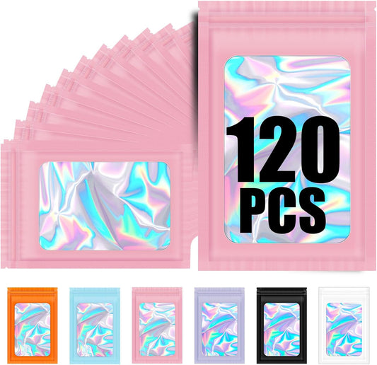 120PCS Smell Proof Mylar Bags,4"x6" Resealable Bag for Small Business,Holographic Packaging Bags with Clear V1258-DP02-B-946