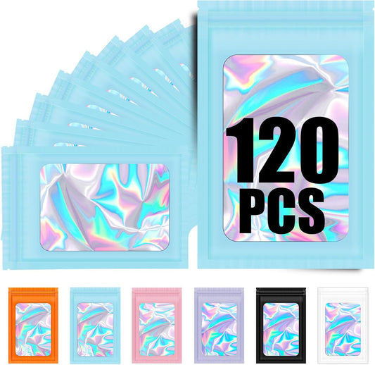 120PCS Smell Proof Mylar Bags,7.8"x11.8" Resealable Bag for Small Business,Holographic Packaging Bags with V1258-DP02-B-950