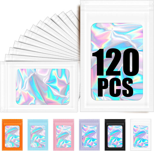 120PCS Smell Proof Mylar Bags,7.8"x11.8" Resealable Bag for Small Business,Holographic Packaging Bags with V1258-DP02-B-952