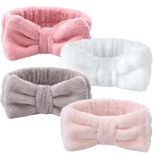 4 Pack Spa Headband for Washing Face, Girls Makeup Bow Tie Hair Band, Microfiber Women Headbands, Elastic V1258-DP02-B-954