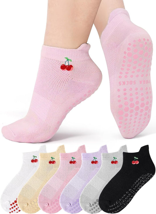 6 Pairs Grip Pilates Socks for Women, Grippy Non Slip Yoga Socks, Cute Cherry Grip Socks for Barre, Hospital, V1258-DP02-B-955