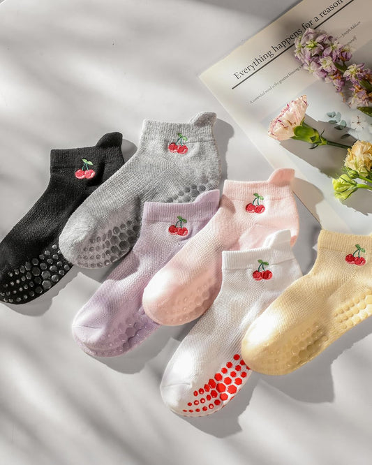 6 Pairs Grip Pilates Socks for Women, Grippy Non Slip Yoga Socks, Cute Cherry Grip Socks for Barre, Hospital, V1258-DP02-B-955