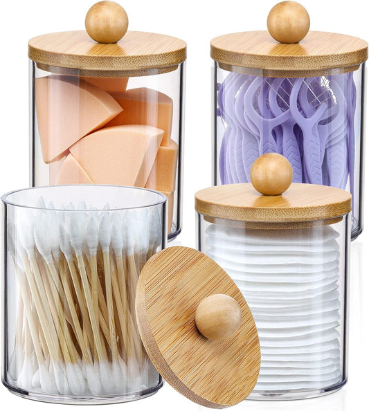 4 Pack Qtip Holder Dispenser with Bamboo Lids - 10 oz Clear Plastic Apothecary Jar Containers for Vanity V1258-DP02-B-956