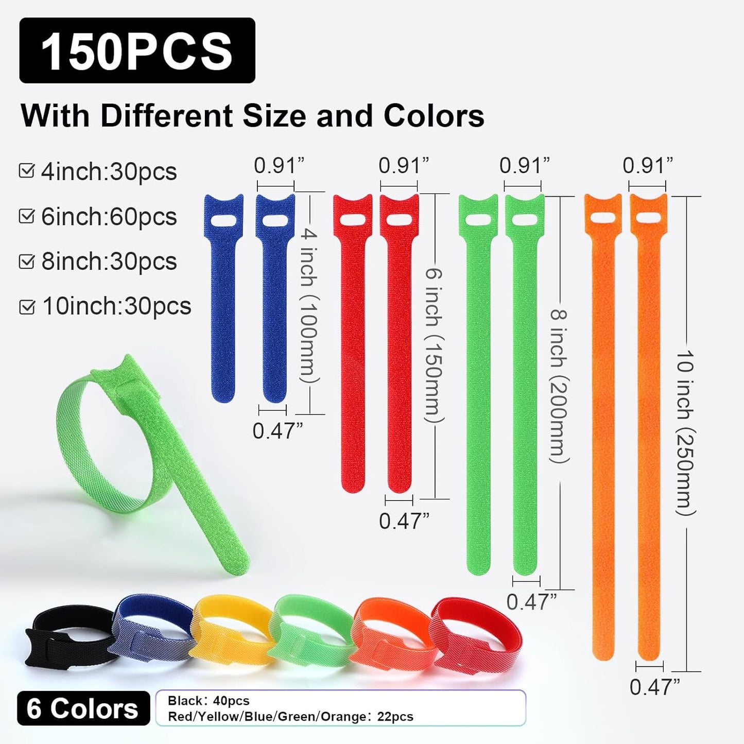 150PCS Cable Ties, 4+6+8+10 inch Multi-Colour Straps for Cable Management, Adjustable Fastening Cord Wraps, V1258-DP02-B-958