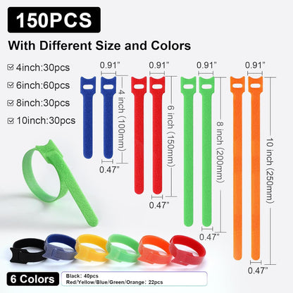 150PCS Cable Ties, 4+6+8+10 inch Multi-Colour Straps for Cable Management, Adjustable Fastening Cord Wraps, V1258-DP02-B-958