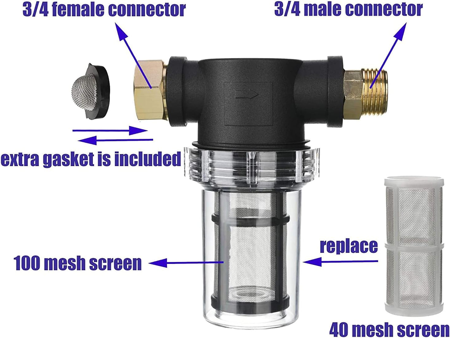 Garden Hose Filter for Pressure Washer inlet Water, Inline Filter for Sediment, 40 Mesh Screen, Extra 100 Mesh V1258-DP02-B-961