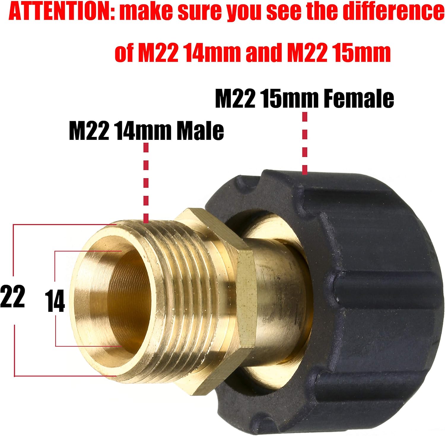 Pressure Washer Adapter, Metric M22 15mm Female Thread to M22 14mm Male Fitting, 4500 PSI V1258-DP02-B-962