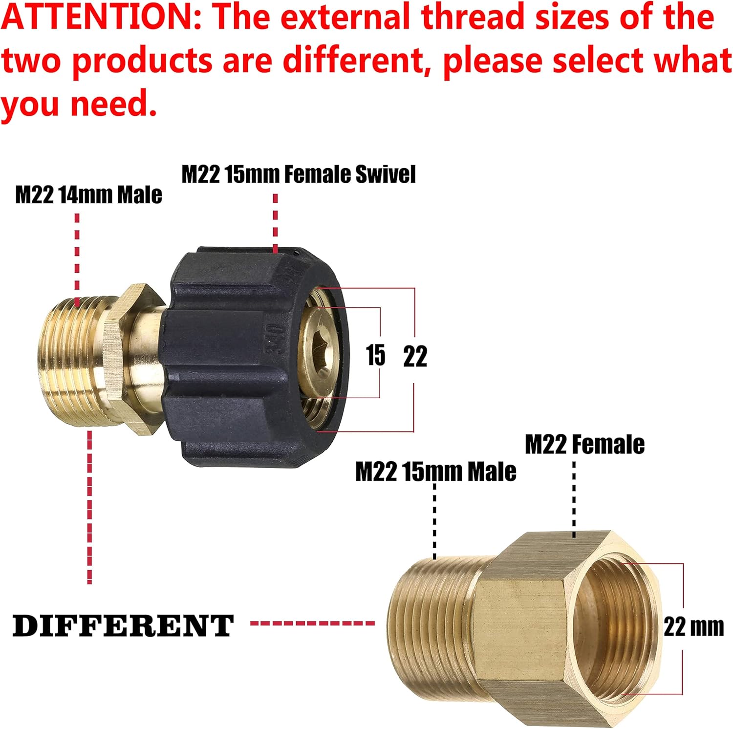 Pressure Washer Adapter, Metric M22 15mm Female Thread to M22 14mm Male Fitting, 4500 PSI V1258-DP02-B-962