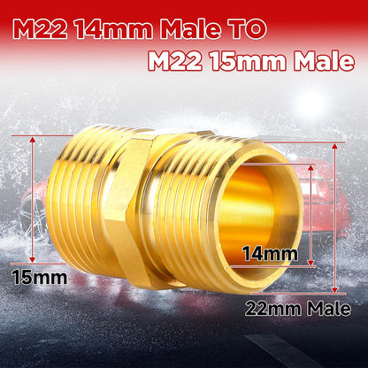 Pressure Washer Adapter, Metric M22 15mm Male Thread to M22 14mm Male Fitting, 4500 PSI, 2 Pack V1258-DP02-B-965