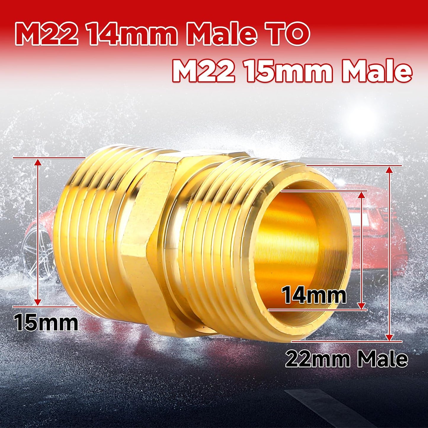 Pressure Washer Coupler, Metric M22 15mm Male Thread to M22 14mm Male Fitting, 4500 PSI V1258-DP02-B-968