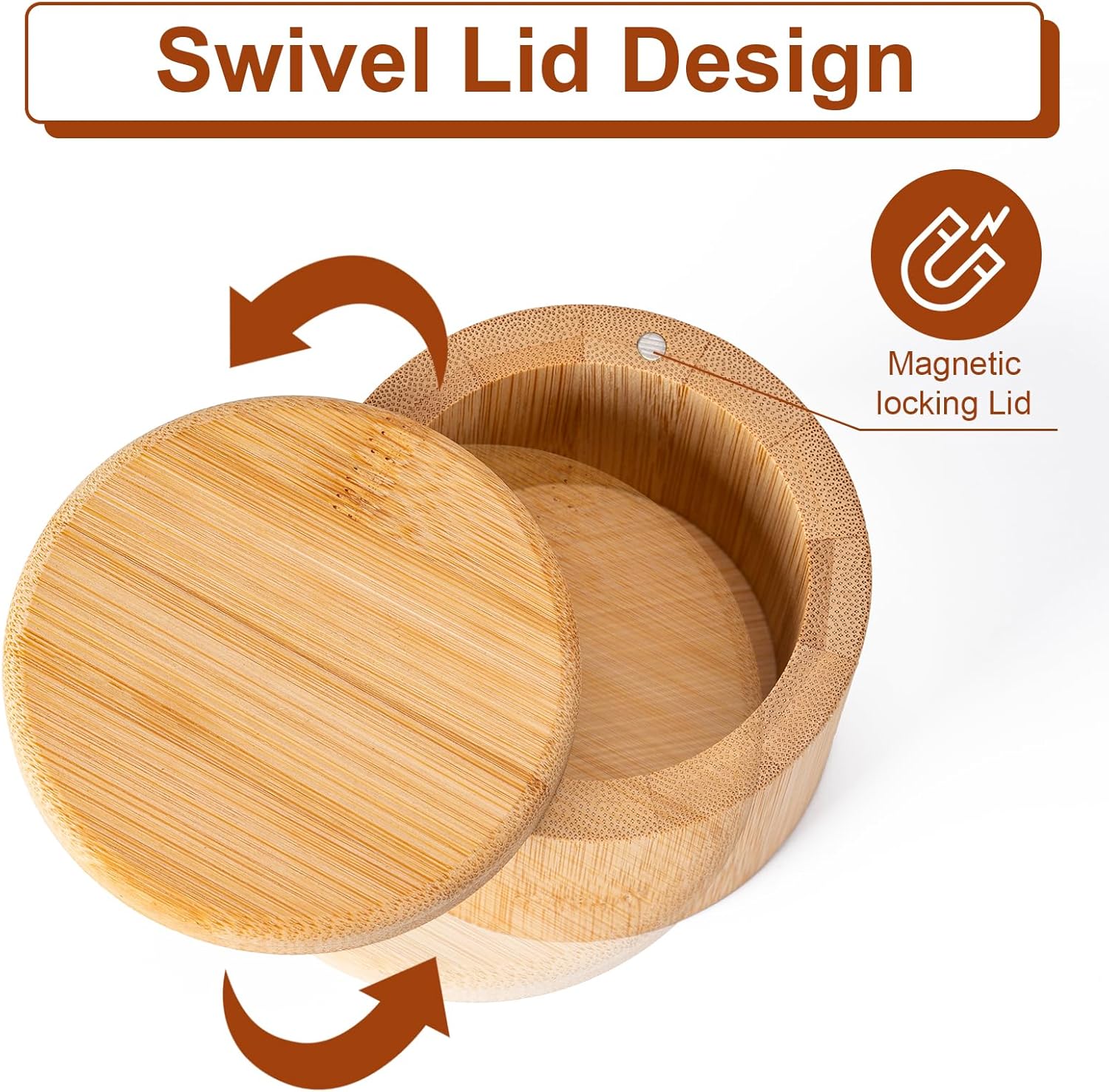 Bamboo Salt Cellar, Magnetic Swivel Lid Salt Box, Round Container for Storing Pepper Sugar Herbs, 6 Ounce V1258-DP02-B-976