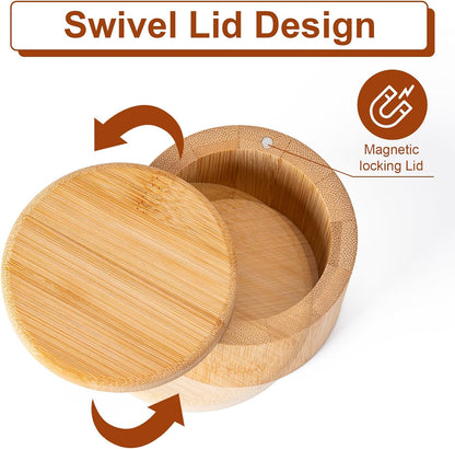 Bamboo Salt Cellar, Magnetic Swivel Lid Salt Box, Round Container for Storing Pepper Sugar Herbs, 6 Ounce V1258-DP02-B-976