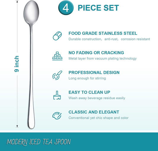 9-Inch Long Handle Iced Tea Spoon, Coffee Spoon, Ice Cream Spoons, Stainless Steel Cocktail Stirring Spoons, V1258-DP02-B-99