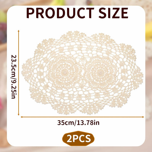 2-Pack Vintage Lace Placemats - 10x14 Inch French Crochet Lace Doilies, Handmade Embroidered Oval Table Mats V1258-DP02-B-993