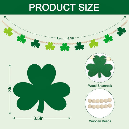 4.5 FT St.Patrick's Day Shamrock Garland for Decorations, Wood Green Garland with Beads NO DIY, Clover St V1258-DP02-B-998