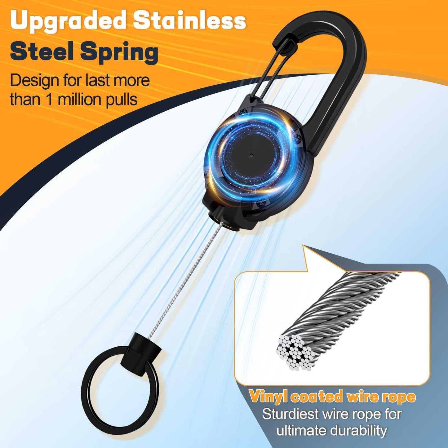 3 Pack Retractable Keychain with Carabiner - Black - 60cm Extendable Key Ring for Work Outdoor Travel V1258-DP02-BOL-10