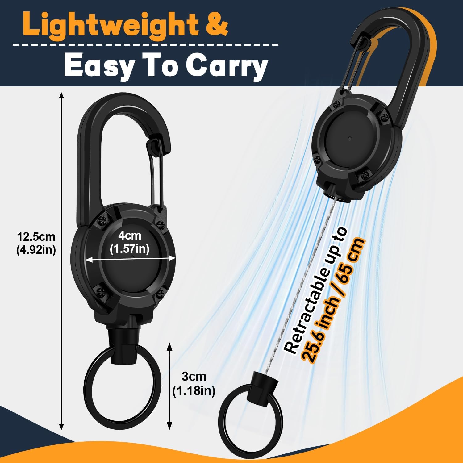 3 Pack Retractable Keychain with Carabiner - Black - 60cm Extendable Key Ring for Work Outdoor Travel V1258-DP02-BOL-10