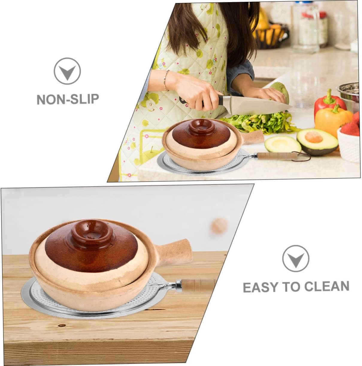 2 Pack Heat Resistant Pan Trivets Stainless Steel Table Mats with Wooden Handles and Hanging Ropes V1258-DP02-BOL-110