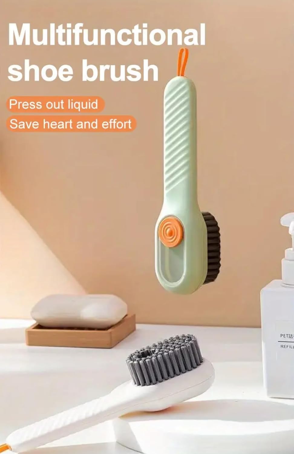 Green Soft Bristle Shoe Brush with Ergonomic Handle Multifunctional for Shoes and Clothing Hanging Design 1 V1258-DP02-BOL-121