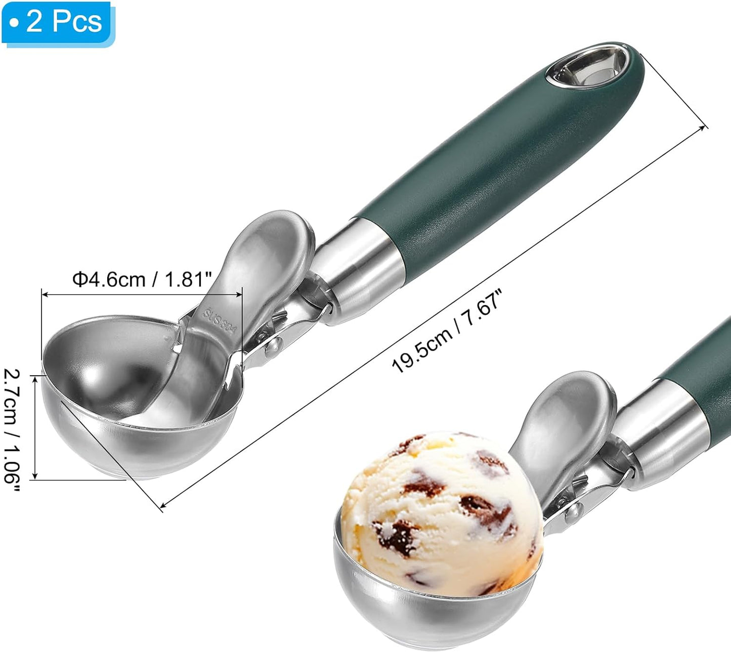 2 Pack Green Ergonomic 304 Stainless Steel Ice Cream Scoop with Trigger V1258-DP02-BOL-129