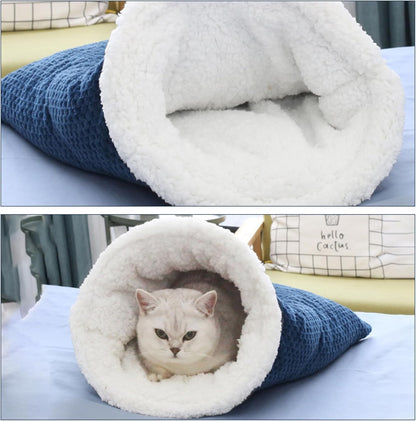 Cat Sleeping Bag Nest - Half-Closed Design - Plush & Fleece - Warm - Navy Blue - 1 Piece V1258-DP02-BOL-165
