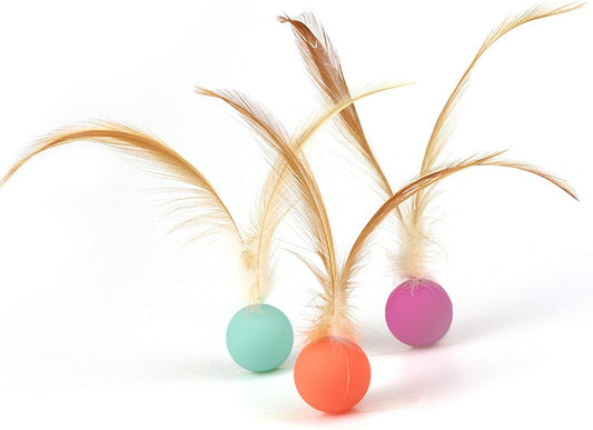 Cat Toy Bouncy Ball with Feathers Interactive Play Ball for Kittens & Adult Cats Pack of 3 V1258-DP02-BOL-166