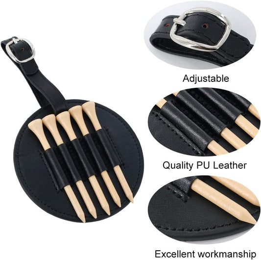 Leather Golf Tee Holder with 5 Wooden Tees 3-1/4 Inch Hook for Golf Bag Strap Hanging V1258-DP02-BOL-185