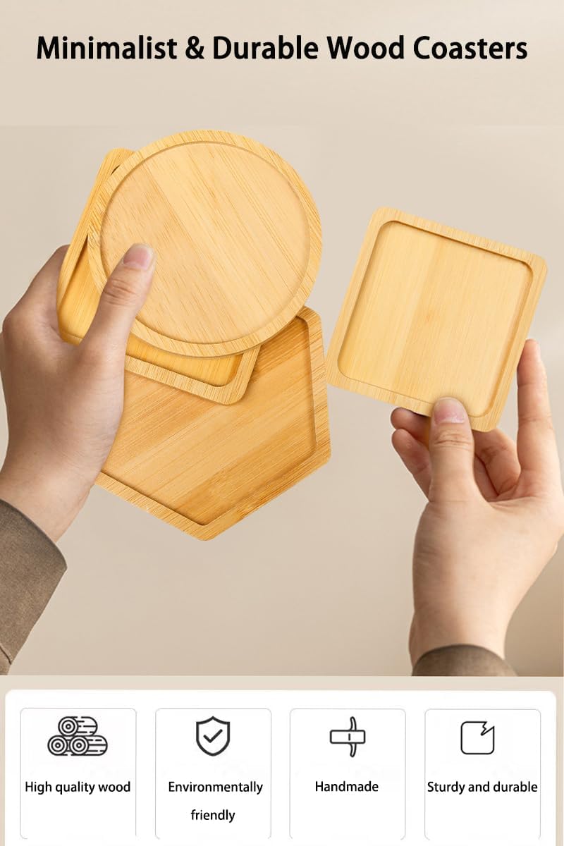 Bamboo Glass Coasters with Raised Edge Set of 4 - Heat & Water Ring Protection Table Mats - Rustic Style V1258-DP02-BOL-211