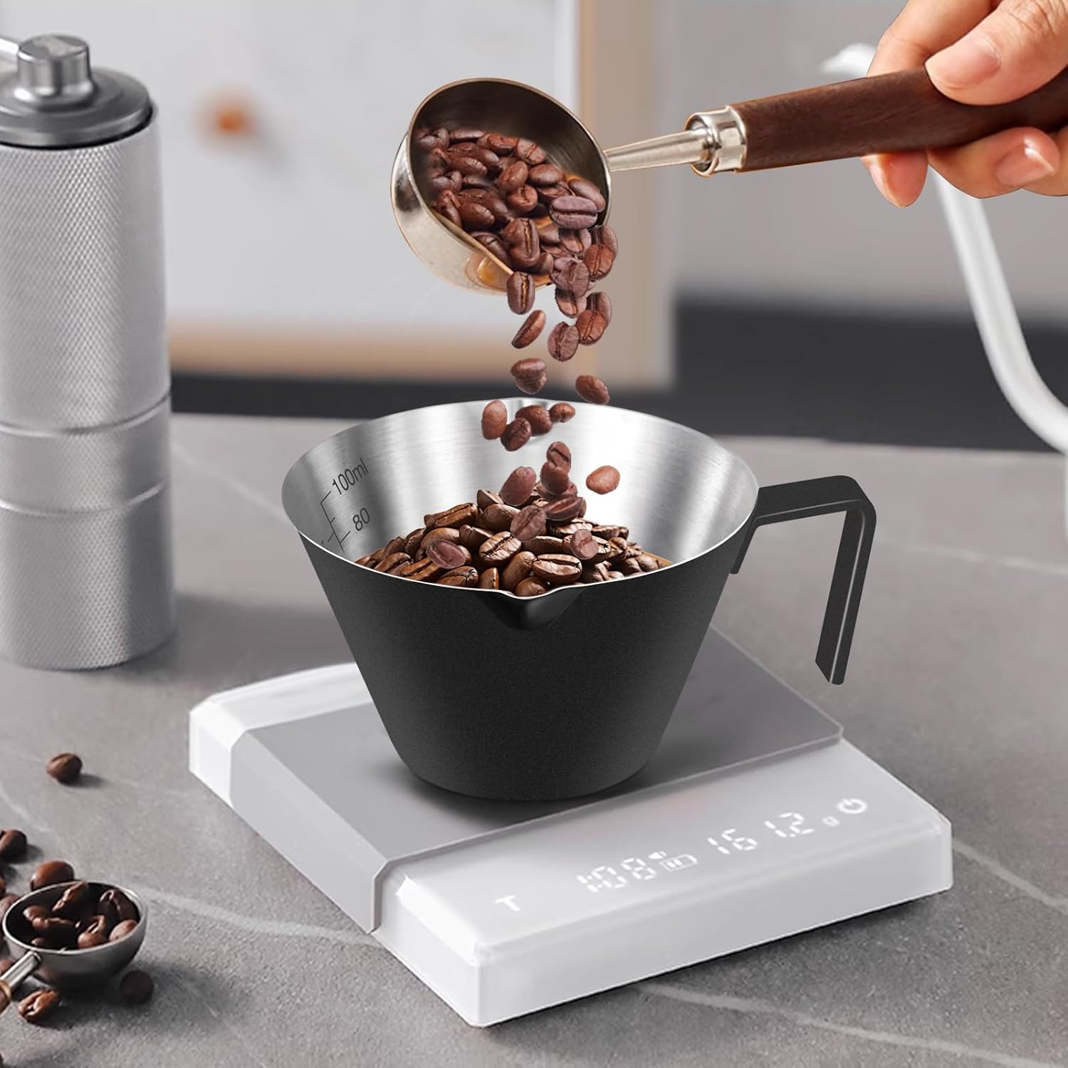 Stainless Steel Double Wall Espresso Cup with Handle 100ml Weighable Coffee Beans Measuring Cup V1258-DP02-BOL-246