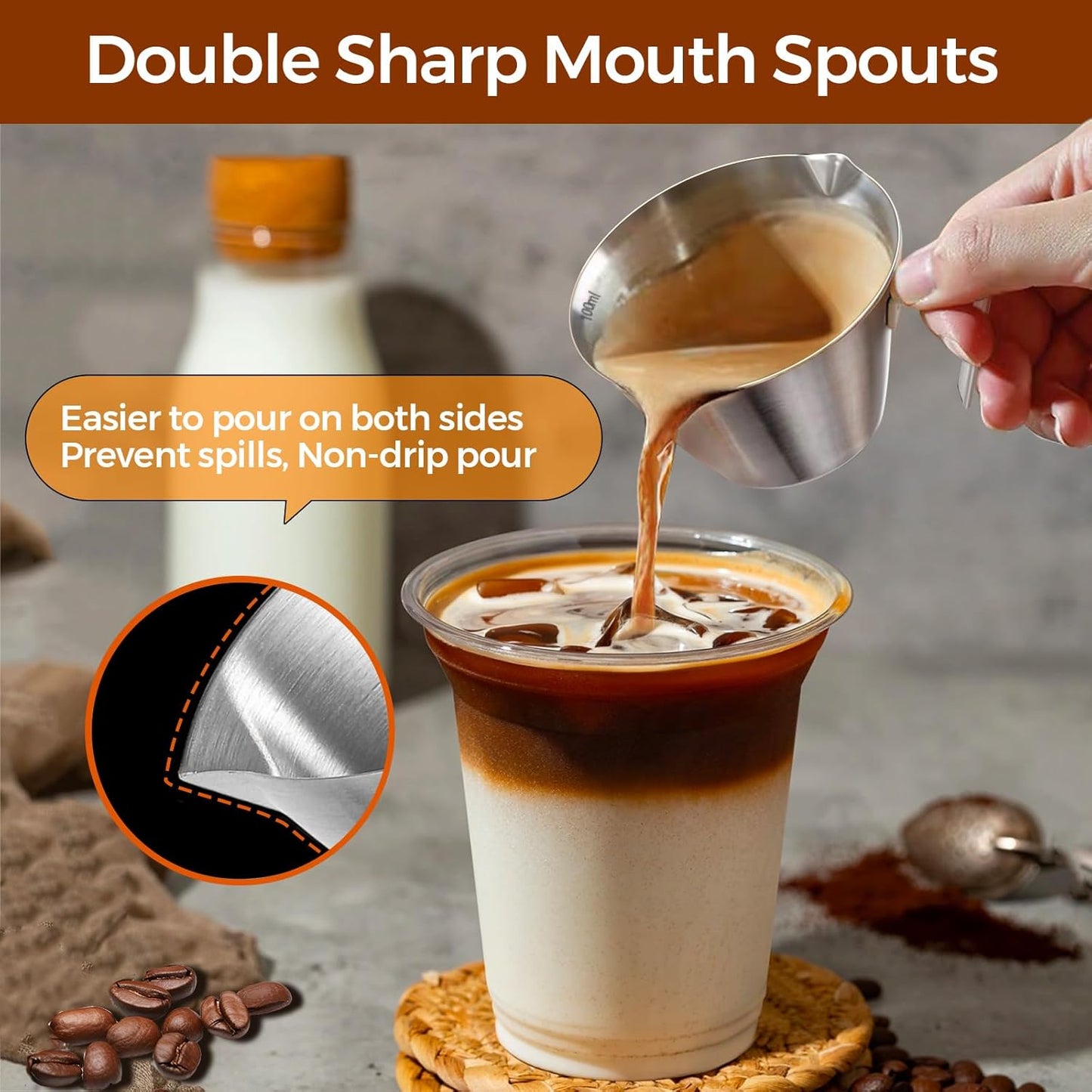 Stainless Steel Double Wall Espresso Cup with Handle 100ml Weighable Coffee Beans Measuring Cup V1258-DP02-BOL-246