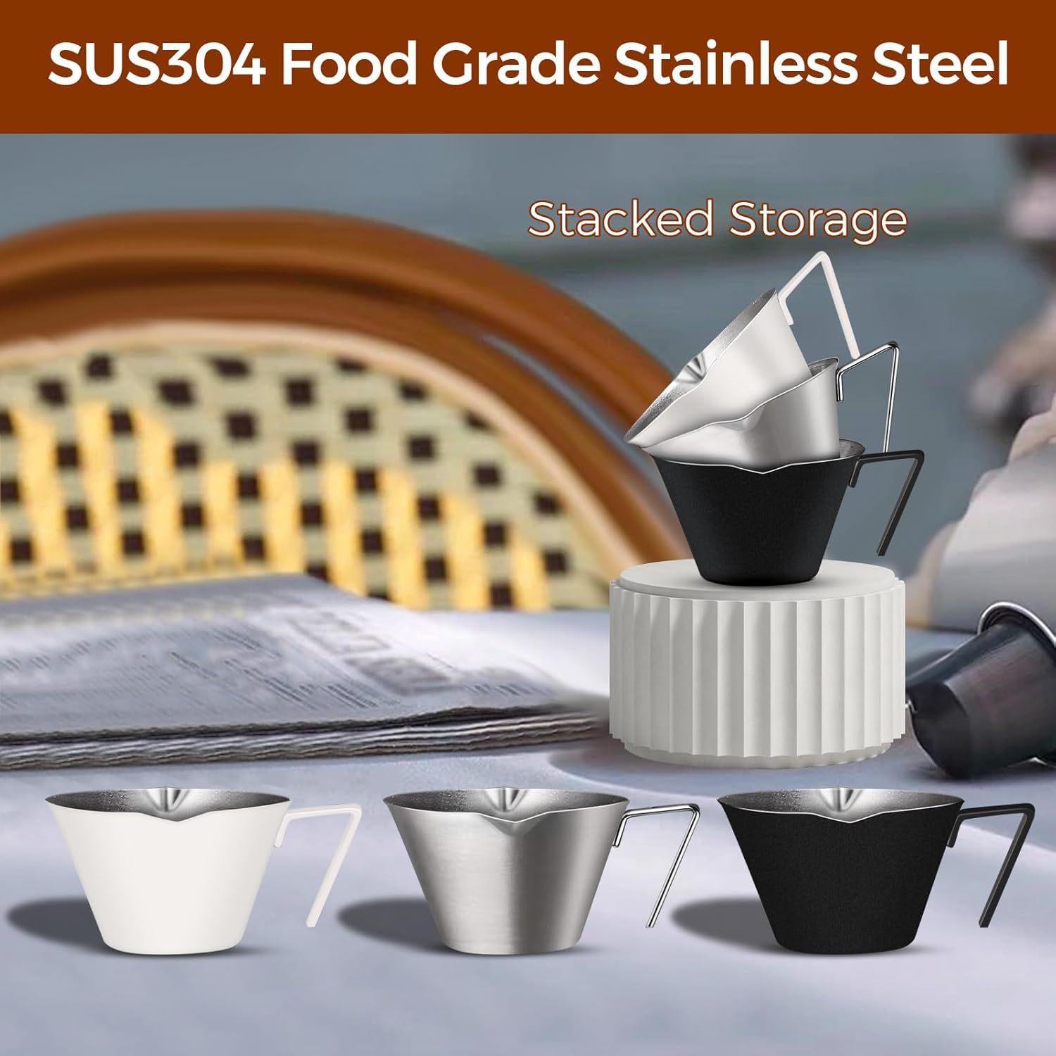 Stainless Steel Double Wall Espresso Cup with Handle 100ml Weighable Coffee Beans Measuring Cup V1258-DP02-BOL-246