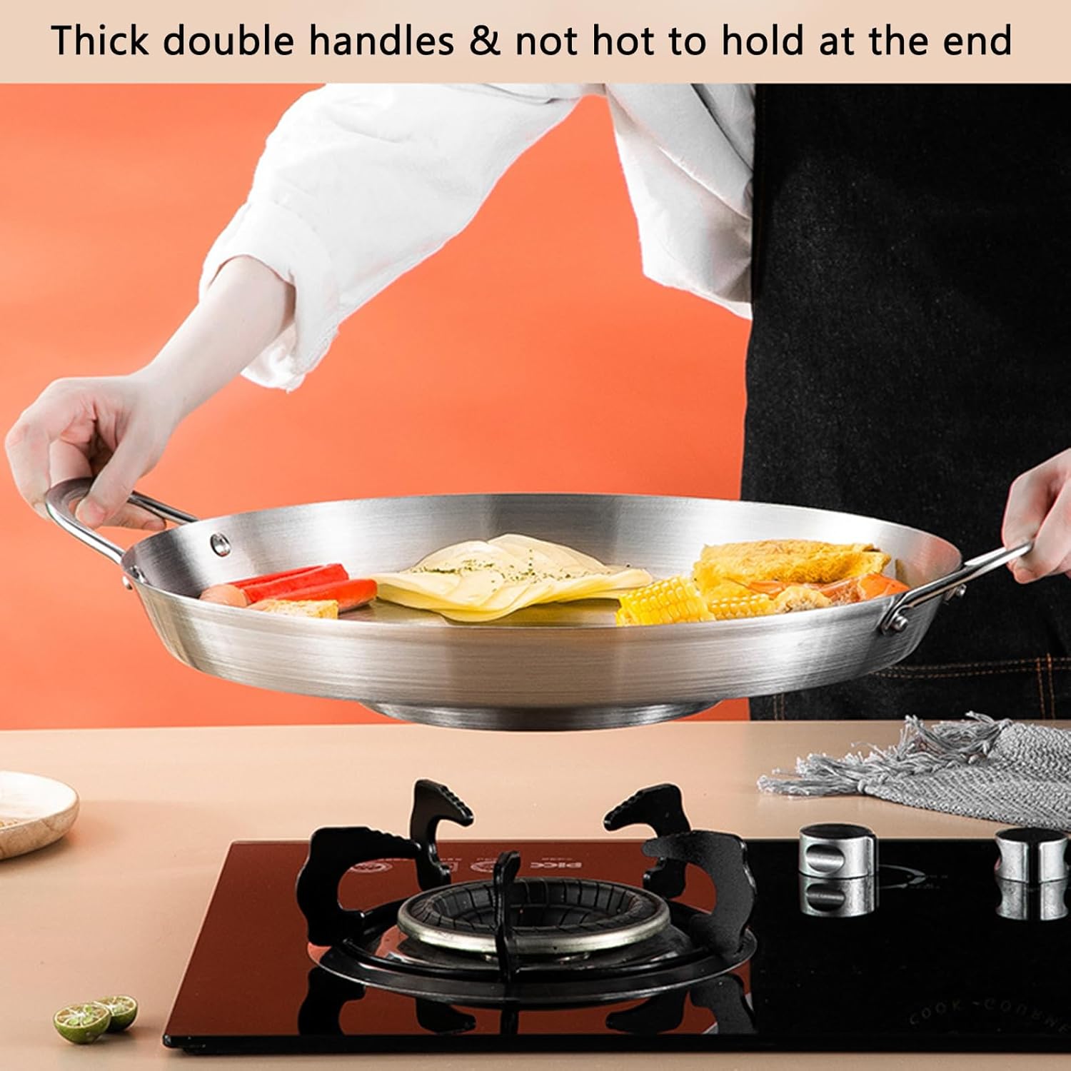 38cm Multifunctional Grill Pan with Double Handles - Silver - Suitable for Induction Gas and Barbecue - V1258-DP02-BOL-26