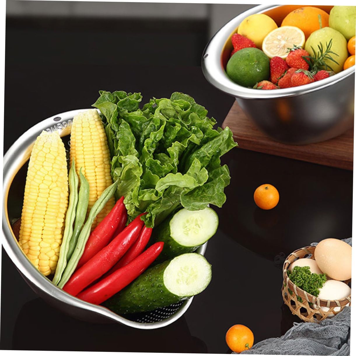 2-Piece Stainless Steel Rice Washing Strainer Set with Thickened Fine Mesh for Fruits Vegetables Easy to V1258-DP02-BOL-261
