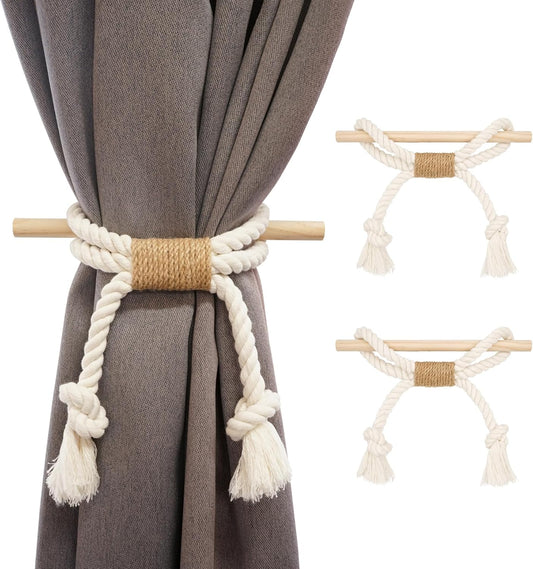 2 Pack White Curtain Tiebacks with Pine Wood Rod Holder Natural Cotton Linen Rope No Drilling Easy V1258-DP02-BOL-269