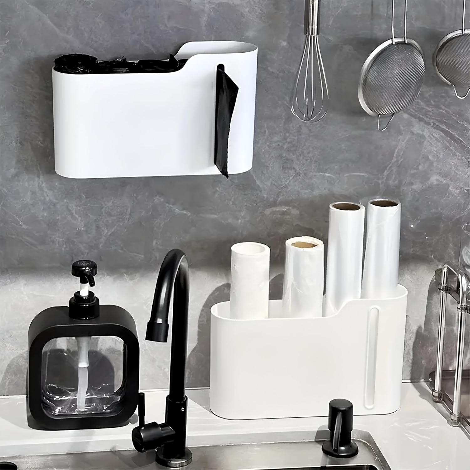 Multifunctional Wall-Mounted Storage Rack Set No Drilling Required Trash Bag Holder Bathroom Dispenser V1258-DP02-BOL-283