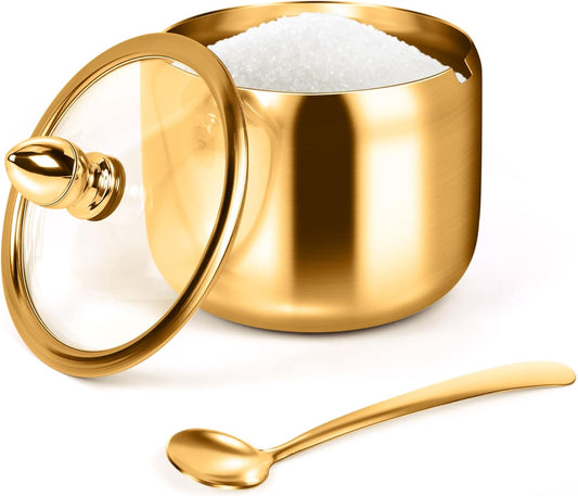 Gold Sugar Bowls with Glass Lids and Spoons 10 oz Set for Coffee Bar Kitchen Storage of Salt Candy Coffee V1258-DP02-BOL-294