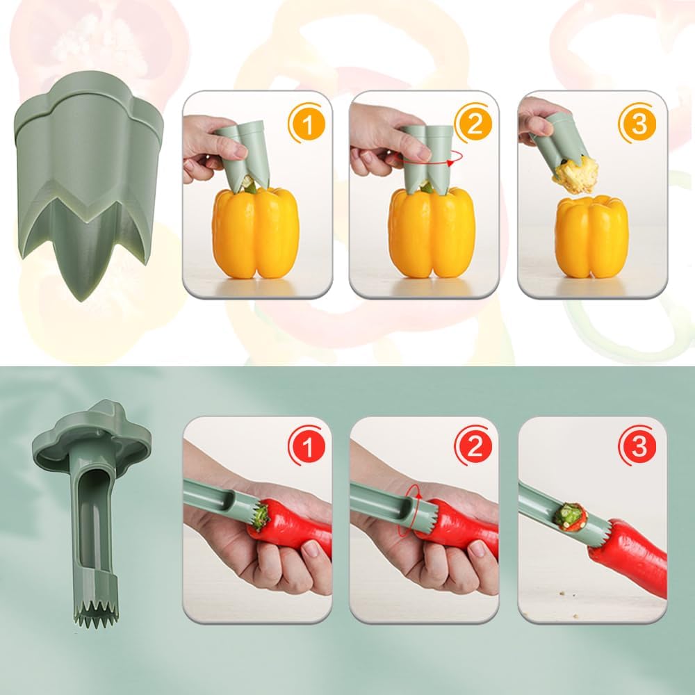 2-in-1 Green Capsicum Slicer and Seed Remover Tool - Fast Vegetable Seed Extractor Kitchen Gadget for Paprika V1258-DP02-BOL-299