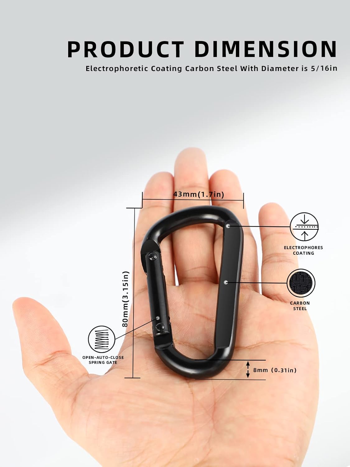 2 Pack Aluminum Black D-Shaped Carabiner 8cm - Camping Outdoor Keychain Clip for Backpack Keys V1258-DP02-BOL-30