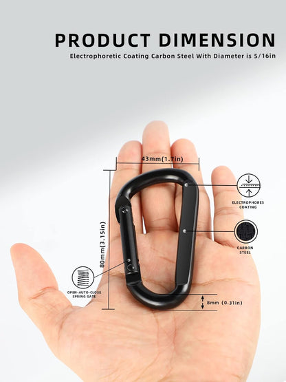 2 Pack Aluminum Black D-Shaped Carabiner 8cm - Camping Outdoor Keychain Clip for Backpack Keys V1258-DP02-BOL-30