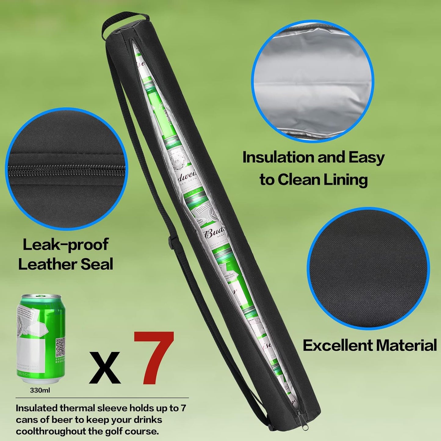 Universal Body Type Black Beer Can Warmer Sleeve for 7 Cans Golf Ball and Bag Warmer V1258-DP02-BOL-307