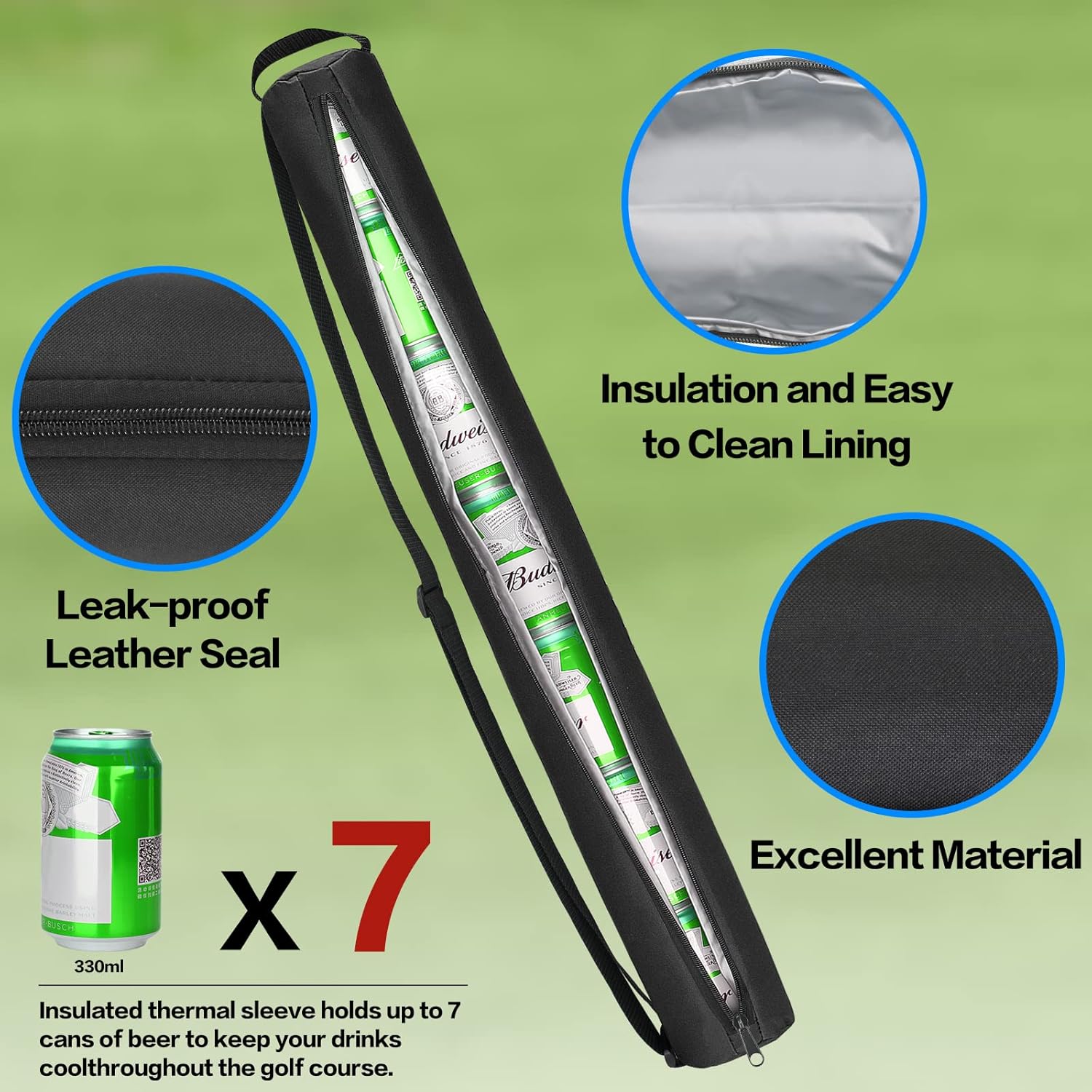 Universal Body Type Black Beer Can Warmer Sleeve for 7 Cans Golf Ball and Bag Warmer V1258-DP02-BOL-307