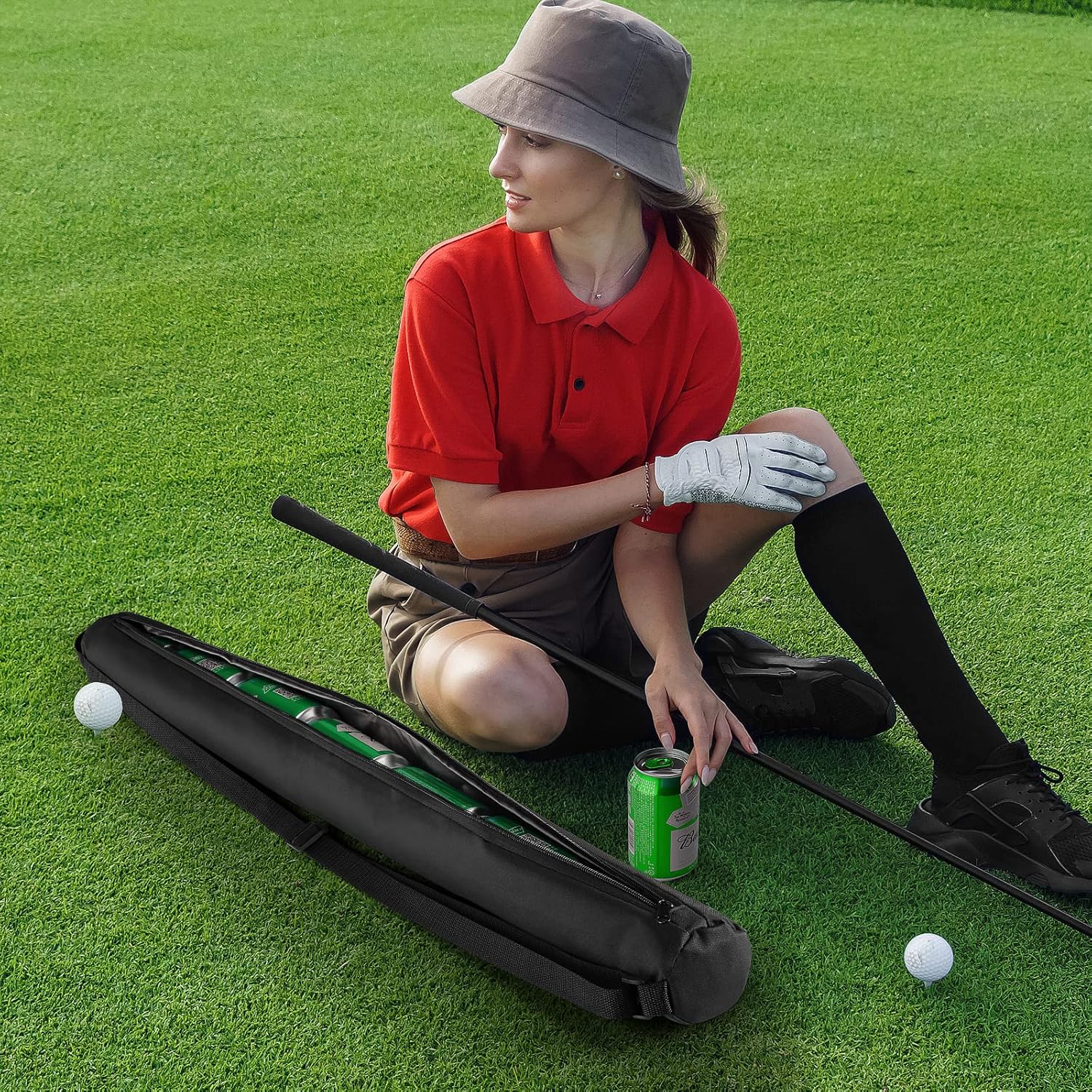 Universal Body Type Black Beer Can Warmer Sleeve for 7 Cans Golf Ball and Bag Warmer V1258-DP02-BOL-307