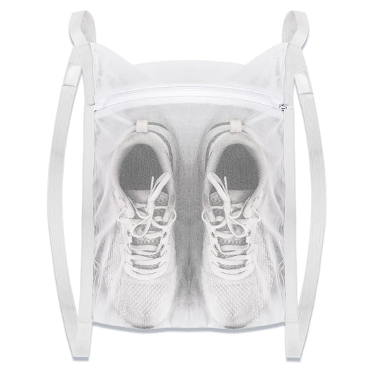 White Sports Shoe Washing and Drying Mesh Bag with Zipper and Straps - Durable Honeycomb Net Bag for Shoes V1258-DP02-BOL-312