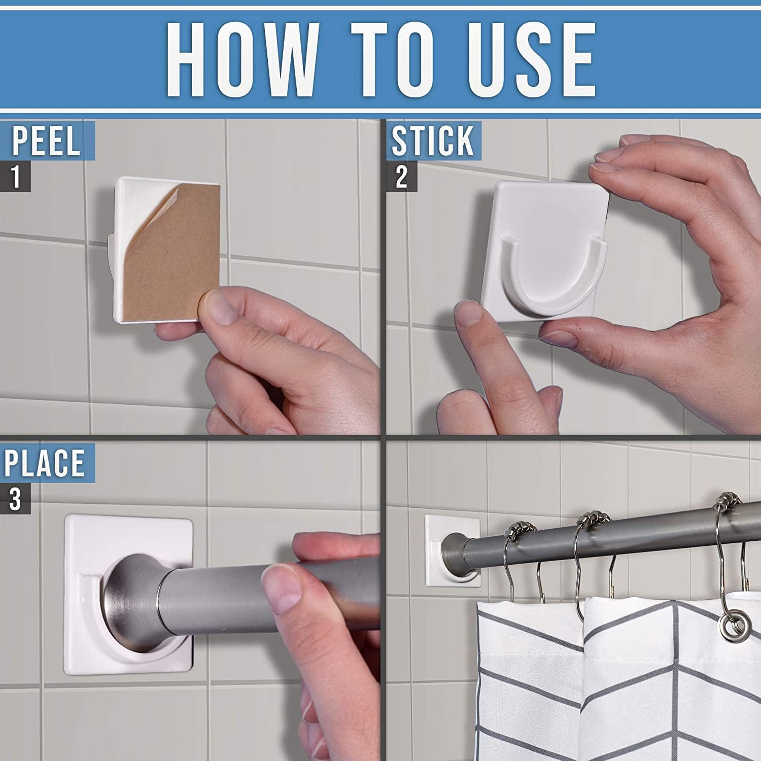 2 Pack White No Drill Shower Curtain Rod Holder Self Adhesive Wall Mounted Bracket V1258-DP02-BOL-313