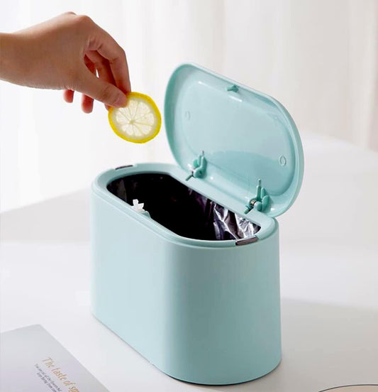 Mini Waste Bin with Lid - Blue - Small Plastic Trash Can for Bathroom Desk Kitchen Office - Removable Compact V1258-DP02-BOL-314