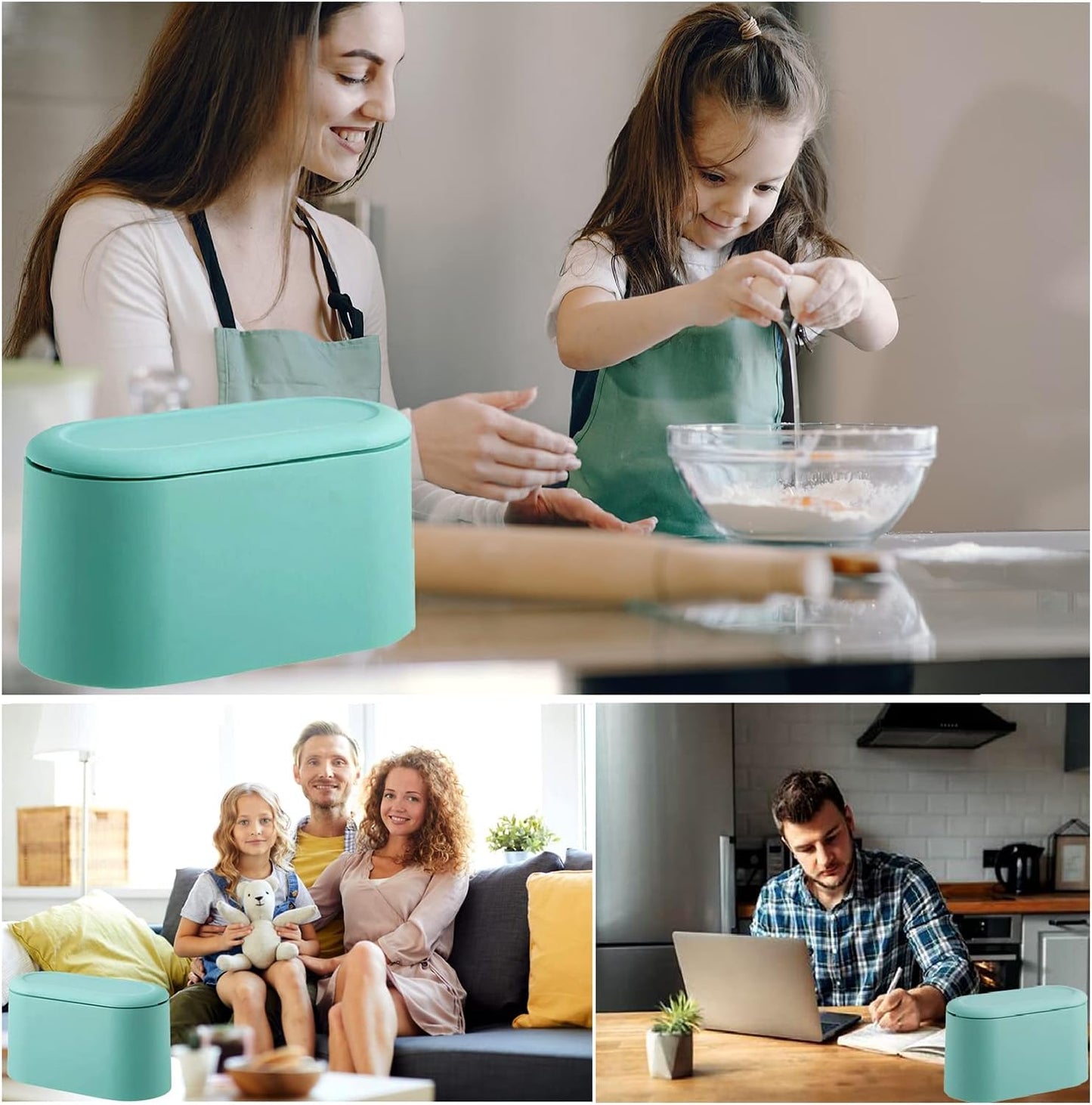 Mini Waste Bin with Lid - Blue - Small Plastic Trash Can for Bathroom Desk Kitchen Office - Removable Compact V1258-DP02-BOL-314